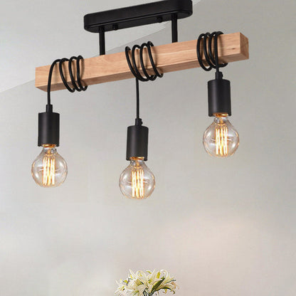 Contemporary Industrial Wood And Iron Grenade Linear 3/4/6-Light Chandelier Island Light For Dining Room