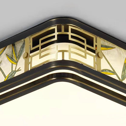 Traditional Chinese Brass And Glass Bamboo Leaf Round Square Rectangular LED Flush Mount Ceiling Light For Living Room And Bedroom