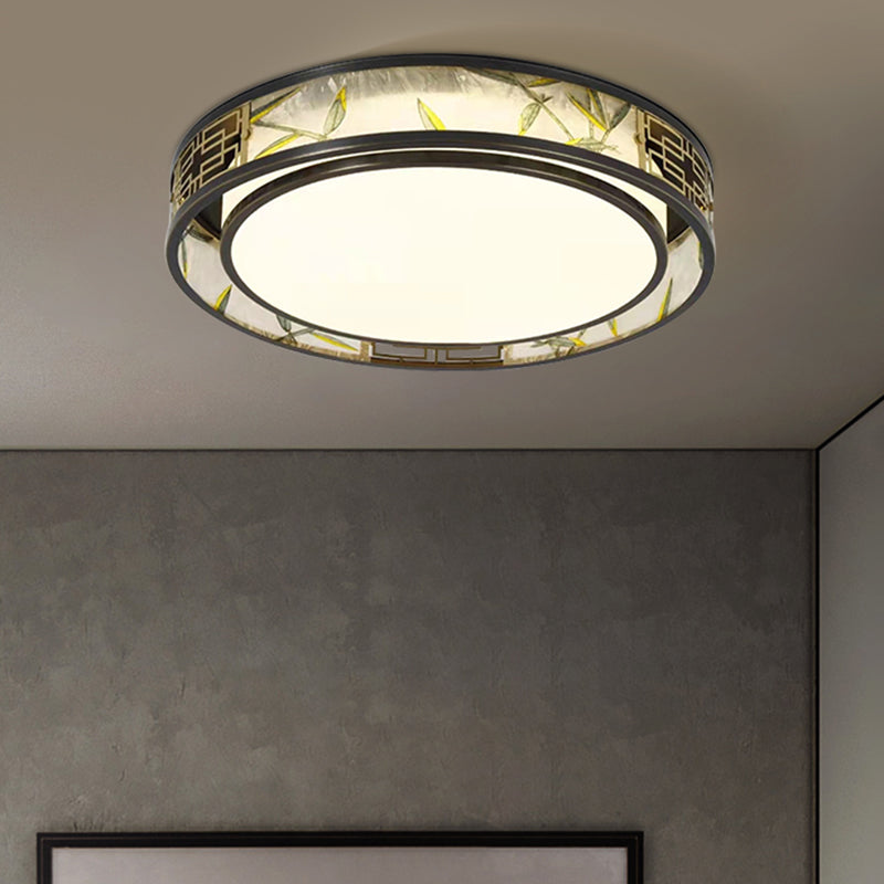 Traditional Chinese Brass And Glass Bamboo Leaf Round Square Rectangular LED Flush Mount Ceiling Light For Living Room And Bedroom