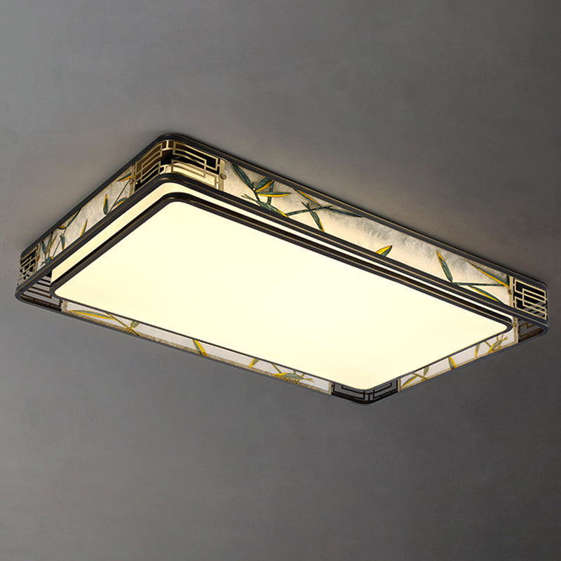 Traditional Chinese Brass And Glass Bamboo Leaf Round Square Rectangular LED Flush Mount Ceiling Light For Living Room And Bedroom