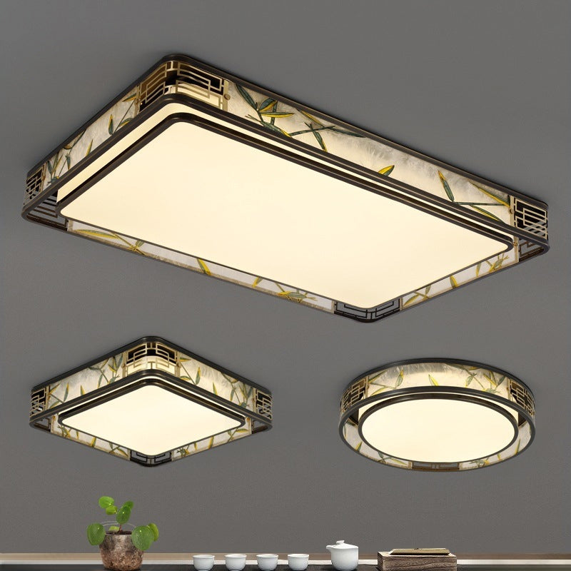 Traditional Chinese Brass And Glass Bamboo Leaf Round Square Rectangular LED Flush Mount Ceiling Light For Living Room And Bedroom