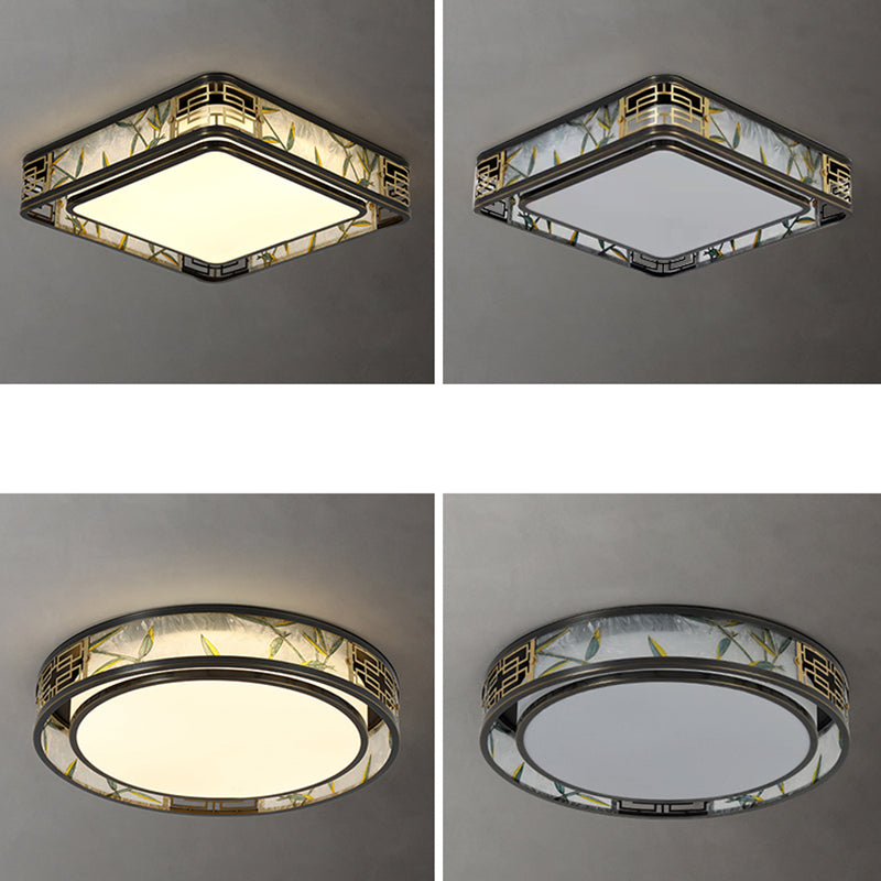 Traditional Chinese Brass And Glass Bamboo Leaf Round Square Rectangular LED Flush Mount Ceiling Light For Living Room And Bedroom
