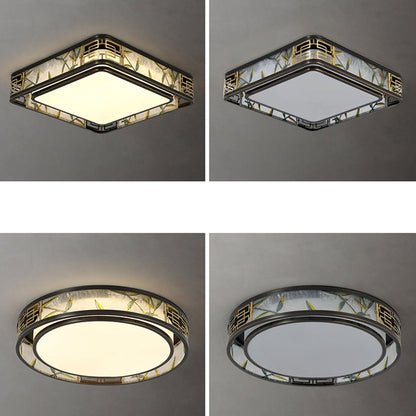 Traditional Chinese Brass And Glass Bamboo Leaf Round Square Rectangular LED Flush Mount Ceiling Light For Living Room And Bedroom