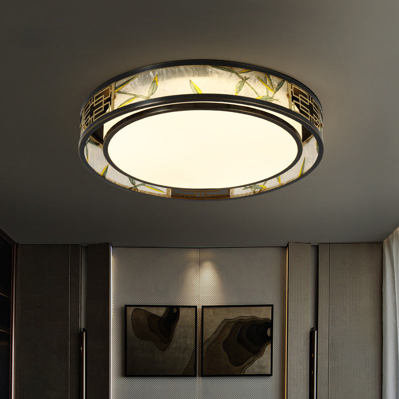 Traditional Chinese Brass And Glass Bamboo Leaf Round Square Rectangular LED Flush Mount Ceiling Light For Living Room And Bedroom