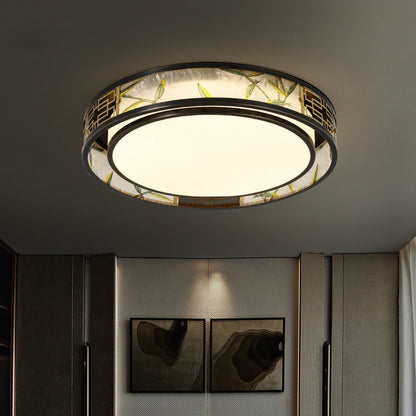Traditional Chinese Brass And Glass Bamboo Leaf Round Square Rectangular LED Flush Mount Ceiling Light For Living Room And Bedroom