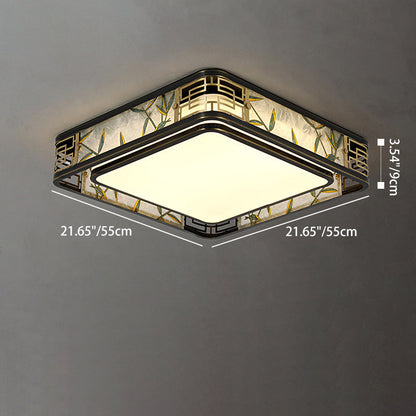 Traditional Chinese Brass And Glass Bamboo Leaf Round Square Rectangular LED Flush Mount Ceiling Light For Living Room And Bedroom