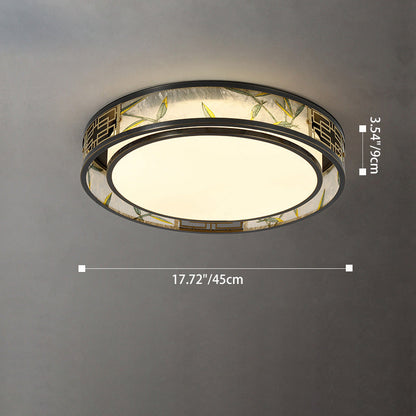Traditional Chinese Brass And Glass Bamboo Leaf Round Square Rectangular LED Flush Mount Ceiling Light For Living Room And Bedroom