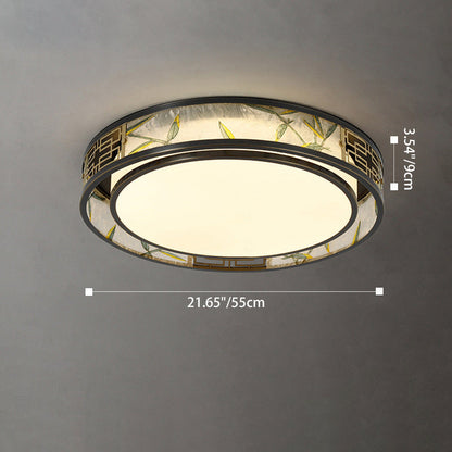 Traditional Chinese Brass And Glass Bamboo Leaf Round Square Rectangular LED Flush Mount Ceiling Light For Living Room And Bedroom