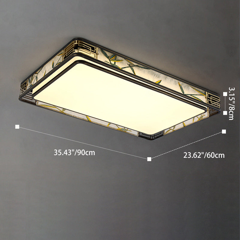Traditional Chinese Brass And Glass Bamboo Leaf Round Square Rectangular LED Flush Mount Ceiling Light For Living Room And Bedroom