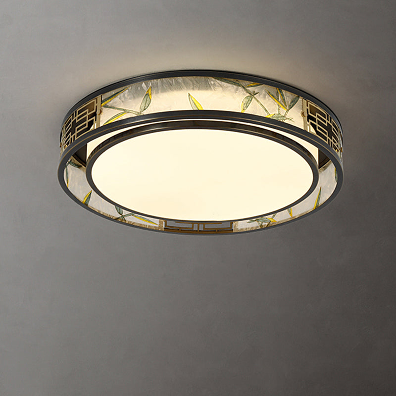 Traditional Chinese Brass And Glass Bamboo Leaf Round Square Rectangular LED Flush Mount Ceiling Light For Living Room And Bedroom