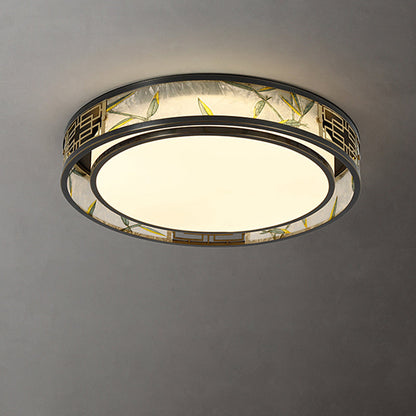 Traditional Chinese Brass And Glass Bamboo Leaf Round Square Rectangular LED Flush Mount Ceiling Light For Living Room And Bedroom