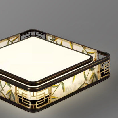 Traditional Chinese Brass And Glass Bamboo Leaf Round Square Rectangular LED Flush Mount Ceiling Light For Living Room And Bedroom
