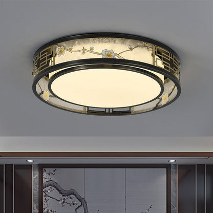Traditional Chinese Brass And Glass Lotus Plum Blossom Round Square Rectangular LED Flush Mount Ceiling Light For Living Room And Bedroom