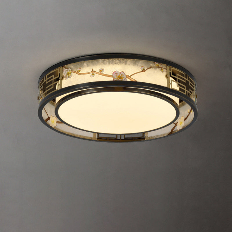 Traditional Chinese Brass And Glass Lotus Plum Blossom Round Square Rectangular LED Flush Mount Ceiling Light For Living Room And Bedroom