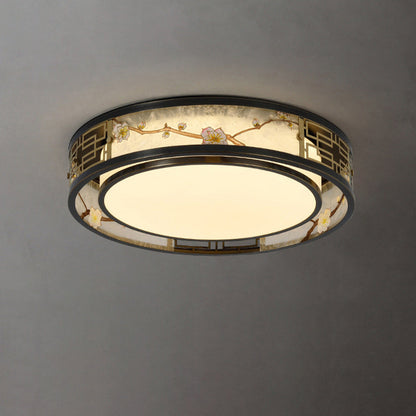 Traditional Chinese Brass And Glass Lotus Plum Blossom Round Square Rectangular LED Flush Mount Ceiling Light For Living Room And Bedroom