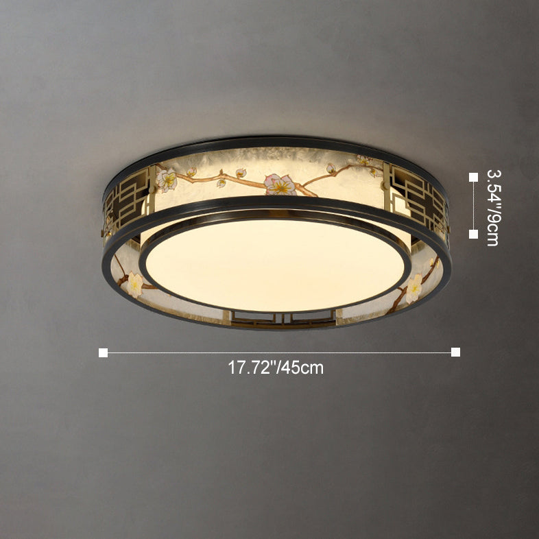 Traditional Chinese Brass And Glass Lotus Plum Blossom Round Square Rectangular LED Flush Mount Ceiling Light For Living Room And Bedroom