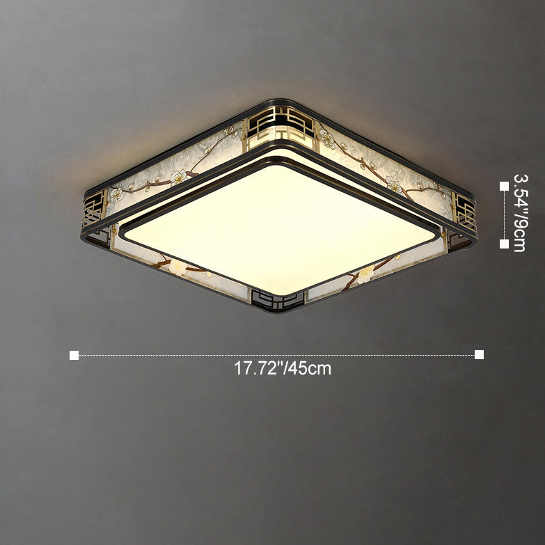 Traditional Chinese Brass And Glass Lotus Plum Blossom Round Square Rectangular LED Flush Mount Ceiling Light For Living Room And Bedroom