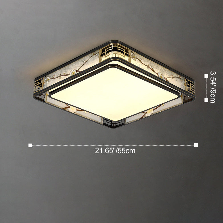 Traditional Chinese Brass And Glass Lotus Plum Blossom Round Square Rectangular LED Flush Mount Ceiling Light For Living Room And Bedroom