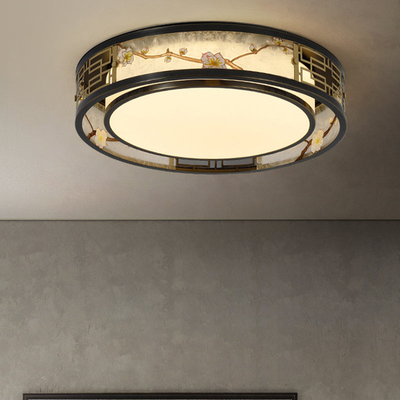 Traditional Chinese Brass And Glass Lotus Plum Blossom Round Square Rectangular LED Flush Mount Ceiling Light For Living Room And Bedroom