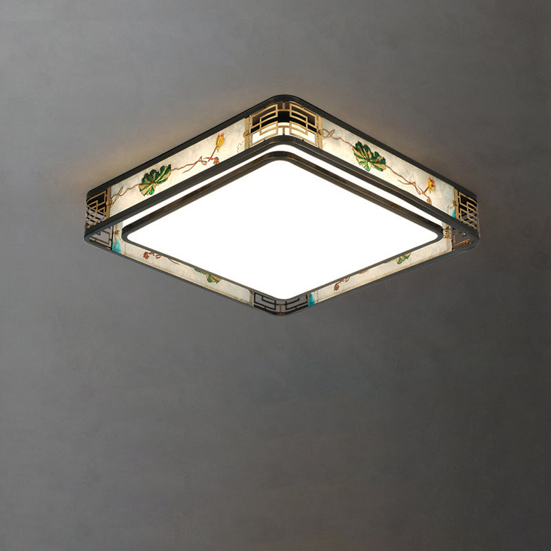 Traditional Chinese Brass And Glass Lotus Plum Blossom Round Square Rectangular LED Flush Mount Ceiling Light For Living Room And Bedroom