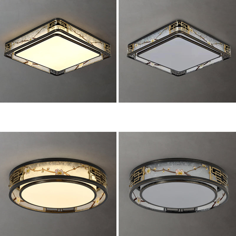 Traditional Chinese Brass And Glass Lotus Plum Blossom Round Square Rectangular LED Flush Mount Ceiling Light For Living Room And Bedroom