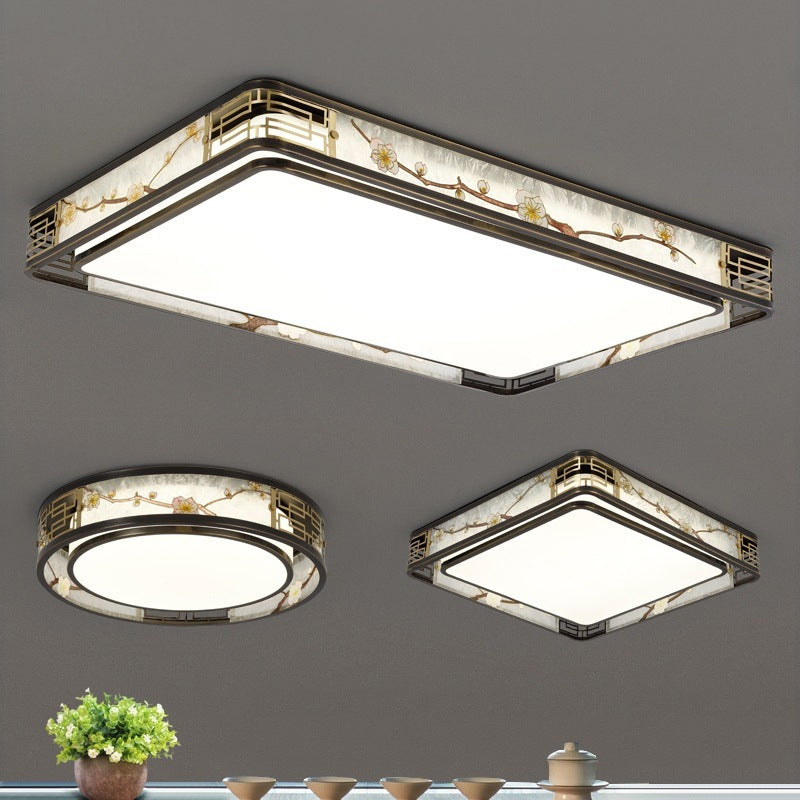 Traditional Chinese Brass And Glass Lotus Plum Blossom Round Square Rectangular LED Flush Mount Ceiling Light For Living Room And Bedroom