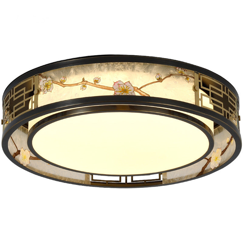 Traditional Chinese Brass And Glass Lotus Plum Blossom Round Square Rectangular LED Flush Mount Ceiling Light For Living Room And Bedroom