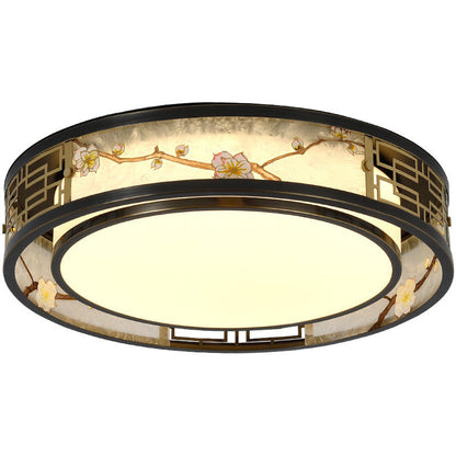 Traditional Chinese Brass And Glass Lotus Plum Blossom Round Square Rectangular LED Flush Mount Ceiling Light For Living Room And Bedroom