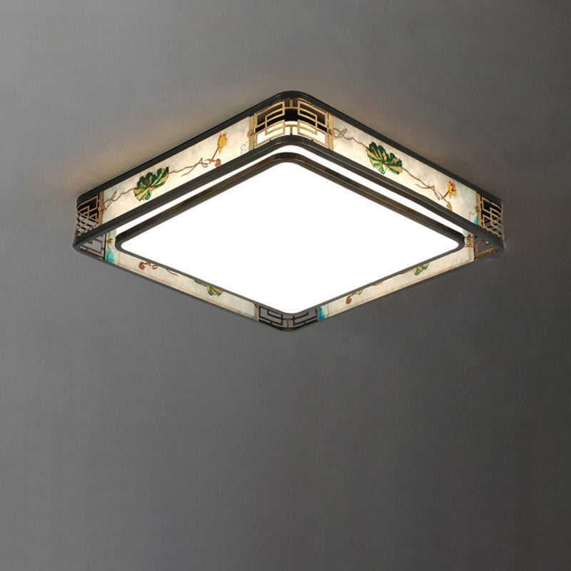 Traditional Chinese Brass And Glass Lotus Plum Blossom Round Square Rectangular LED Flush Mount Ceiling Light For Living Room And Bedroom
