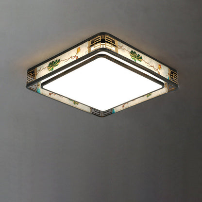Traditional Chinese Brass And Glass Lotus Plum Blossom Round Square Rectangular LED Flush Mount Ceiling Light For Living Room And Bedroom
