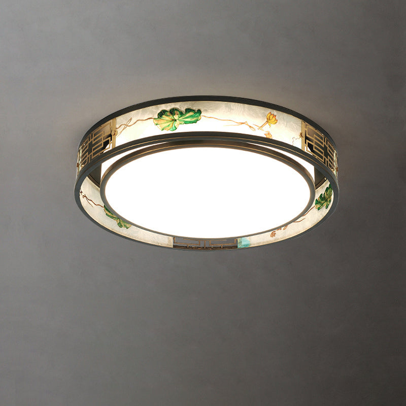 Traditional Chinese Brass And Glass Lotus Plum Blossom Round Square Rectangular LED Flush Mount Ceiling Light For Living Room And Bedroom
