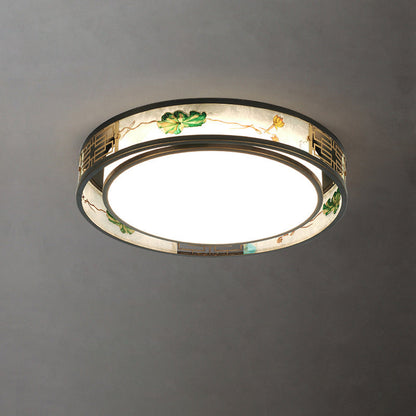 Traditional Chinese Brass And Glass Lotus Plum Blossom Round Square Rectangular LED Flush Mount Ceiling Light For Living Room And Bedroom