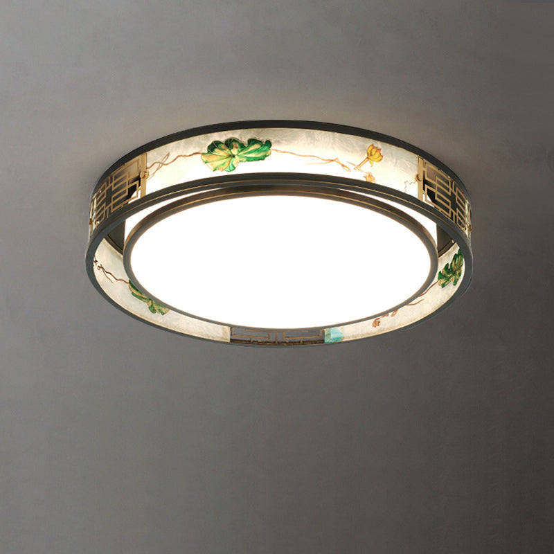 Traditional Chinese Brass And Glass Lotus Plum Blossom Round Square Rectangular LED Flush Mount Ceiling Light For Living Room And Bedroom
