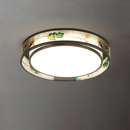 Traditional Chinese Brass And Glass Lotus Plum Blossom Round Square Rectangular LED Flush Mount Ceiling Light For Living Room And Bedroom
