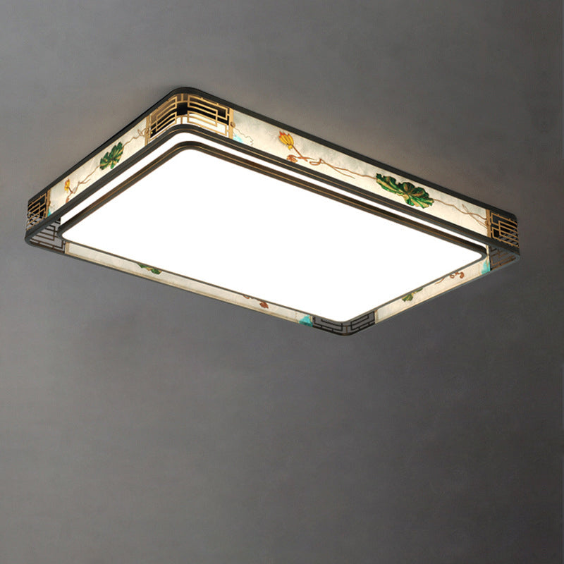 Traditional Chinese Brass And Glass Lotus Plum Blossom Round Square Rectangular LED Flush Mount Ceiling Light For Living Room And Bedroom