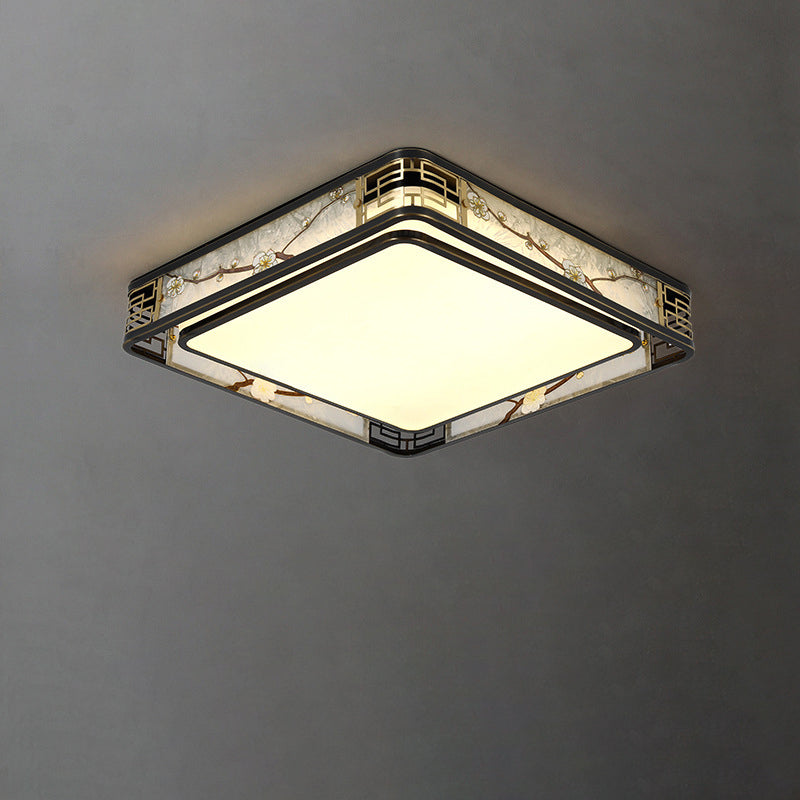 Traditional Chinese Brass And Glass Lotus Plum Blossom Round Square Rectangular LED Flush Mount Ceiling Light For Living Room And Bedroom