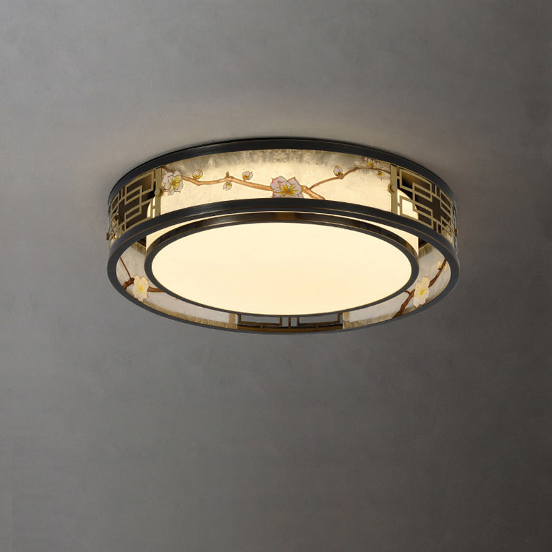 Traditional Chinese Brass And Glass Lotus Plum Blossom Round Square Rectangular LED Flush Mount Ceiling Light For Living Room And Bedroom