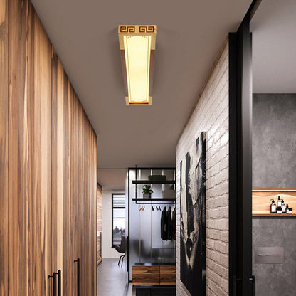 Traditional Chinese Metal Rubberwood Acrylic Rectangular Carved Lucky Cloud LED Flush Mount Ceiling Light For Entryway And Hallway