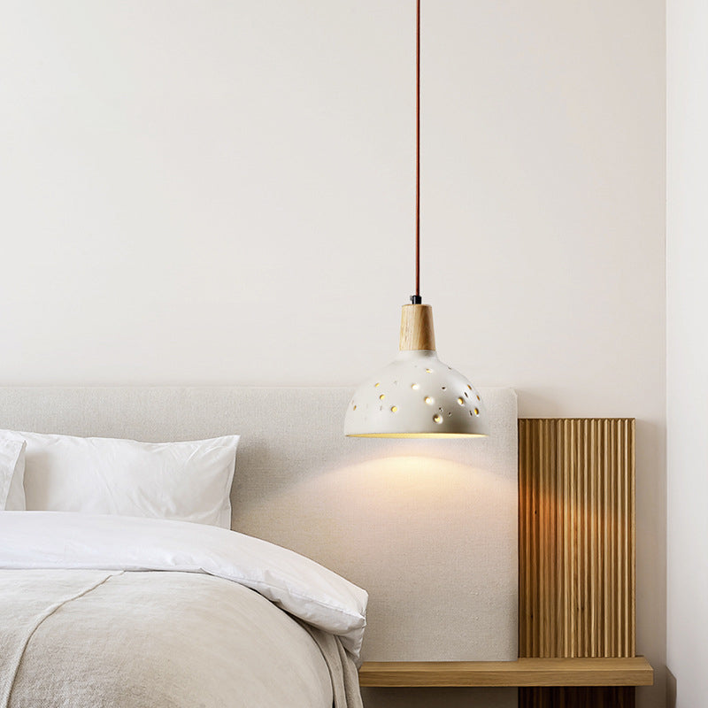 Traditional Japanese Concrete Wood Dome Multi-Hole 1-Light Pendant Light For Bedroom Bedside