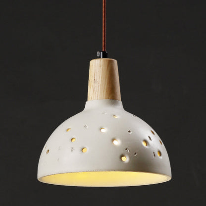 Traditional Japanese Concrete Wood Dome Multi-Hole 1-Light Pendant Light For Bedroom Bedside