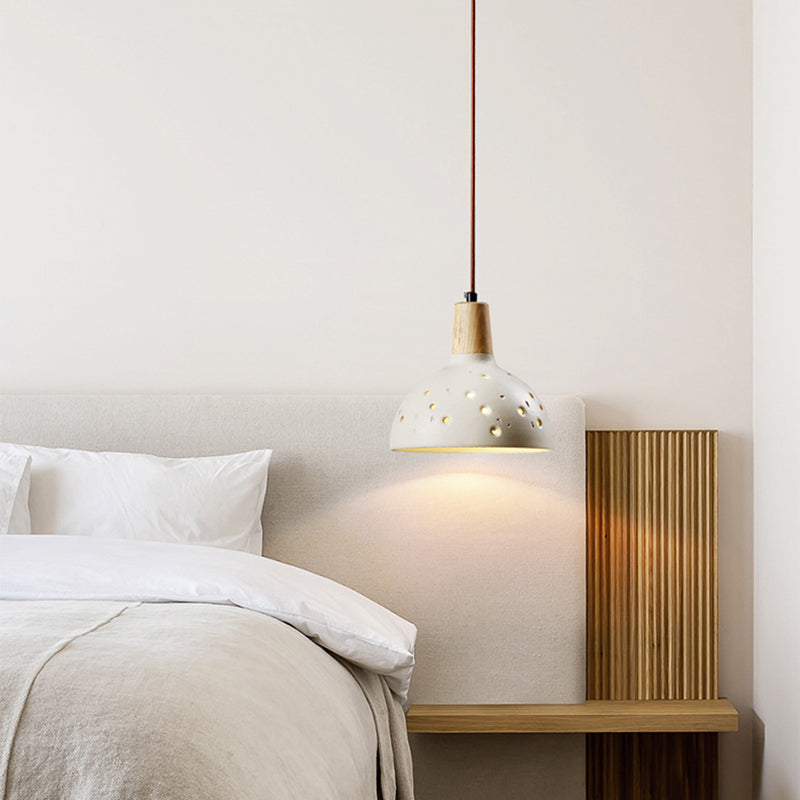 Traditional Japanese Concrete Wood Dome Multi-Hole 1-Light Pendant Light For Bedroom Bedside