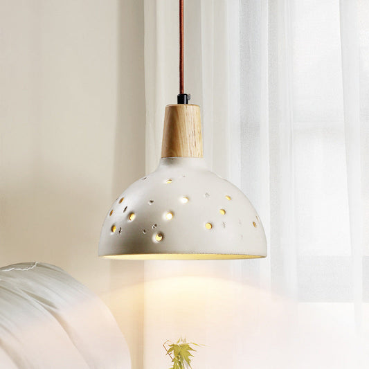 Traditional Japanese Concrete Wood Dome Multi-Hole 1-Light Pendant Light For Bedroom Bedside