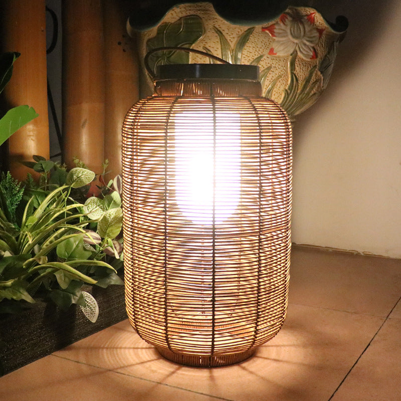 Traditional Japanese Solar Waterproof Weaving PE Rattan Acrylic Iron Cylindrical Lantern LED Landscape Lighting For Garden & Outdoor Patio