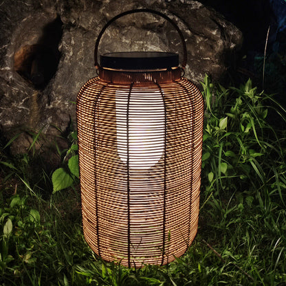 Traditional Japanese Solar Waterproof Weaving PE Rattan Acrylic Iron Cylindrical Lantern LED Landscape Lighting For Garden & Outdoor Patio