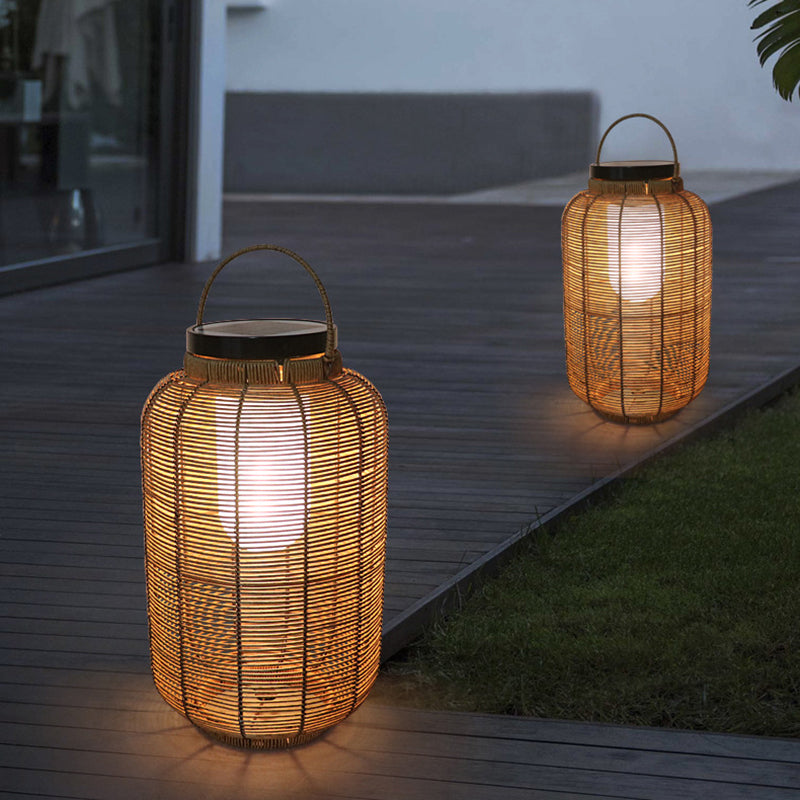 Traditional Japanese Solar Waterproof Weaving PE Rattan Acrylic Iron Cylindrical Lantern LED Landscape Lighting For Garden & Outdoor Patio