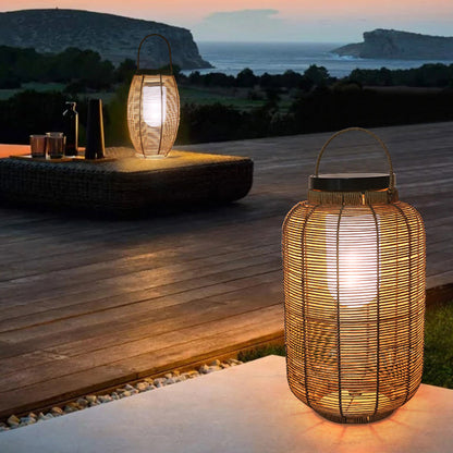 Traditional Japanese Solar Waterproof Weaving PE Rattan Acrylic Iron Cylindrical Lantern LED Landscape Lighting For Garden & Outdoor Patio