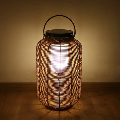 Traditional Japanese Solar Waterproof Weaving PE Rattan Acrylic Iron Cylindrical Lantern LED Landscape Lighting For Garden & Outdoor Patio