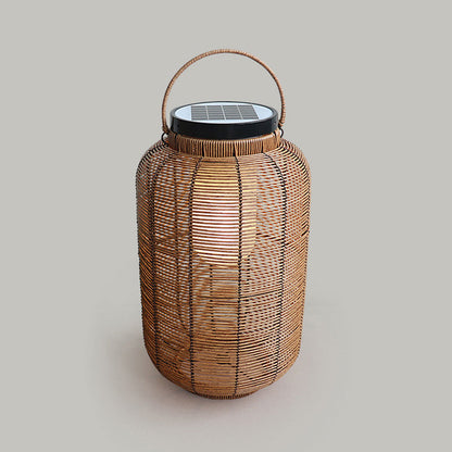 Traditional Japanese Solar Waterproof Weaving PE Rattan Acrylic Iron Cylindrical Lantern LED Landscape Lighting For Garden & Outdoor Patio