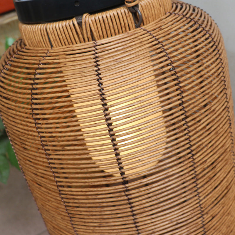 Traditional Japanese Solar Waterproof Weaving PE Rattan Acrylic Iron Cylindrical Lantern LED Landscape Lighting For Garden & Outdoor Patio