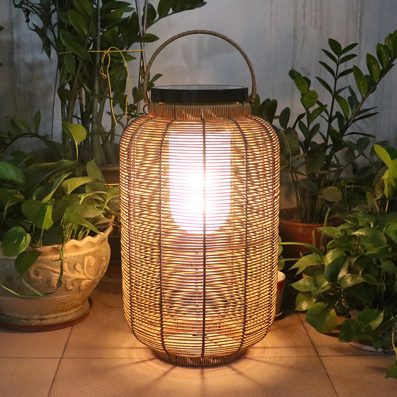 Traditional Japanese Solar Waterproof Weaving PE Rattan Acrylic Iron Cylindrical Lantern LED Landscape Lighting For Garden & Outdoor Patio